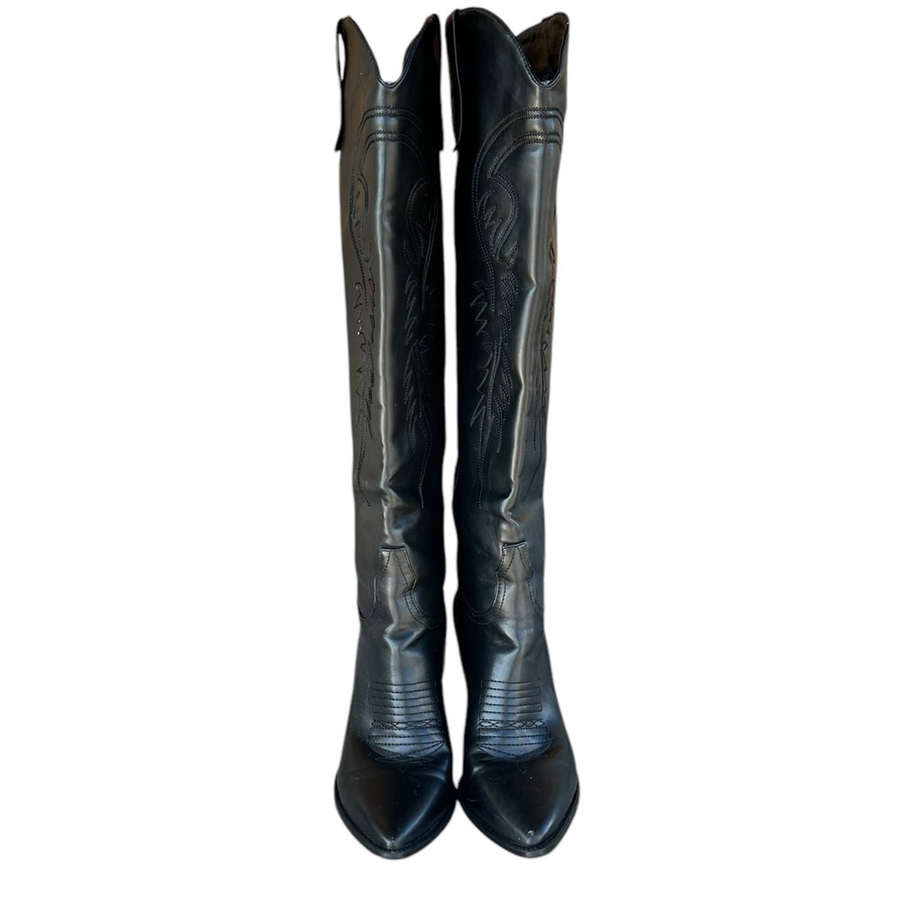 Boutique 10 Black Faux Leather Knee High Cowboy Boots Cowgirl Western Festival - Picture 2 of 10